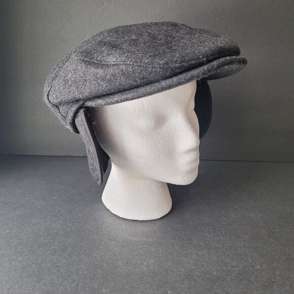 Wigens Charcoal Gray Wool Flat Cap with Tuckaway Ear Flaps Size 59 7 3/8